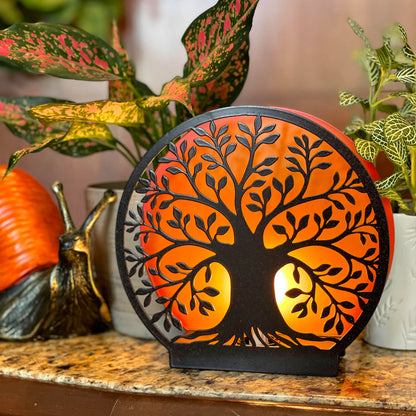 Zeckos Tree of Life Accent Lamp - 8” Decorative Metal Plug-in Table Light, Black Nature Silhouette with Warm Amber Backlight, Nightstand Desk Lighting, Cozy Home Décor Gift, Bulb Included