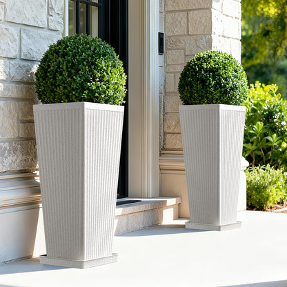 Diyfire Tapered Tall Planters for Outdoor Plants 2 Pack- 23.6 Inch Heavy-Duty Classic Square Indoor Flower Pots with Drainage Holes/Partition/Tray, Large Outdoor Planters for Porch Patio, White