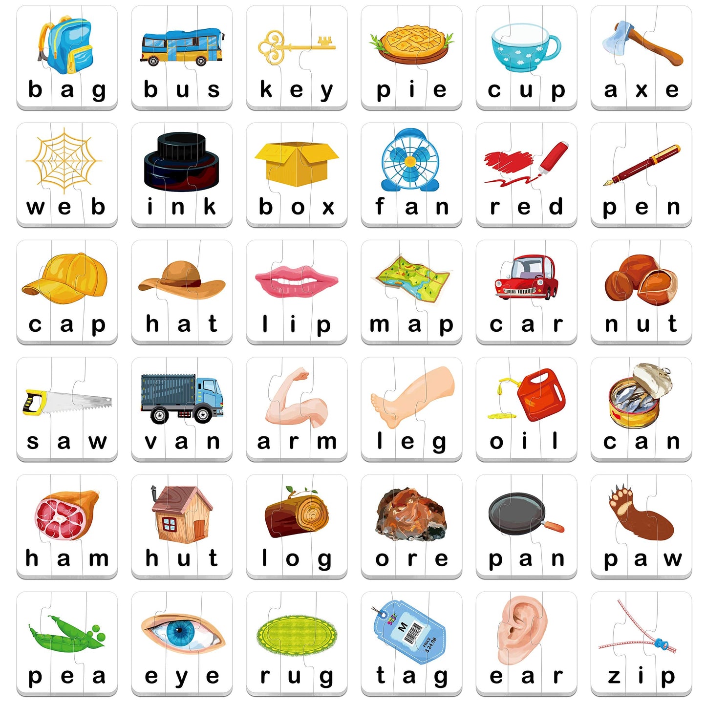 72 Word Spelling Puzzles with Error-Correction Mechanism in 3 Pieces, Perfect for Preschool Learning (36 Block Double Sided)