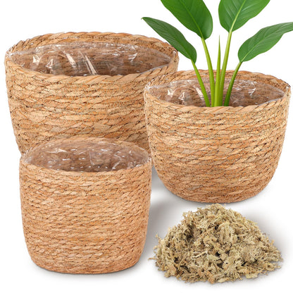 Knitgrip 3 Pack Seagrass Plant Basket Indoor with Artificial Moss 3 Sizes Woven Baskets Flower Pots Planters for Home Decor