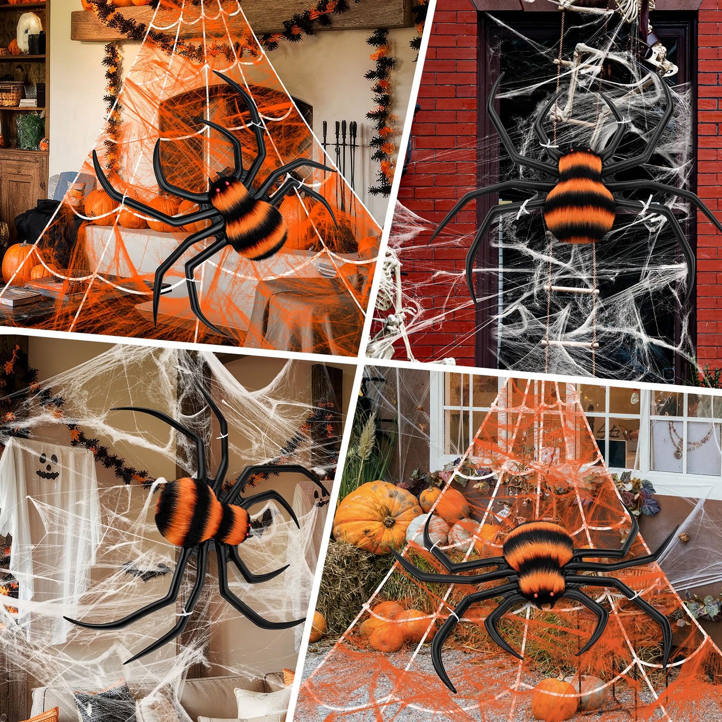 Halloween Decorations Spider Web, 40'' Inflatables Giant Spider + 200'' Triangular Giant Spider Web + 20G Spider Web, Scary Hairy Fake Halloween Spiders Props for Indoor Outdoor Party Halloween Yard.