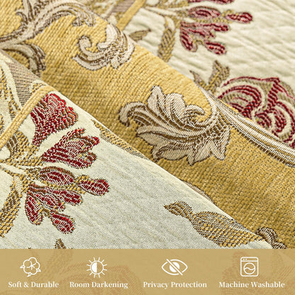 Loom and Mill Damask Patchwork Curtains for Bedroom, Beige Yellow Lined Jacquard Curtains 2 Panels with Tiebacks, Window Curtain for Living Room Banquet Halloween Decor, Rod Pocket(52”x 84”, 2 Panels)