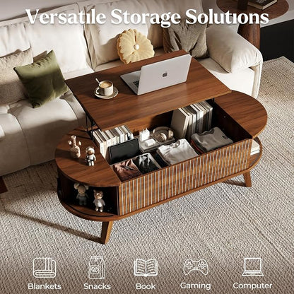 Oval Lift Top Coffee Table with Storage, 47.2" Mid Century Modern Fluted Coffee Table with Sliding Tambour Doors & Hidden Compartment, for Living Room Home Office, Walnut