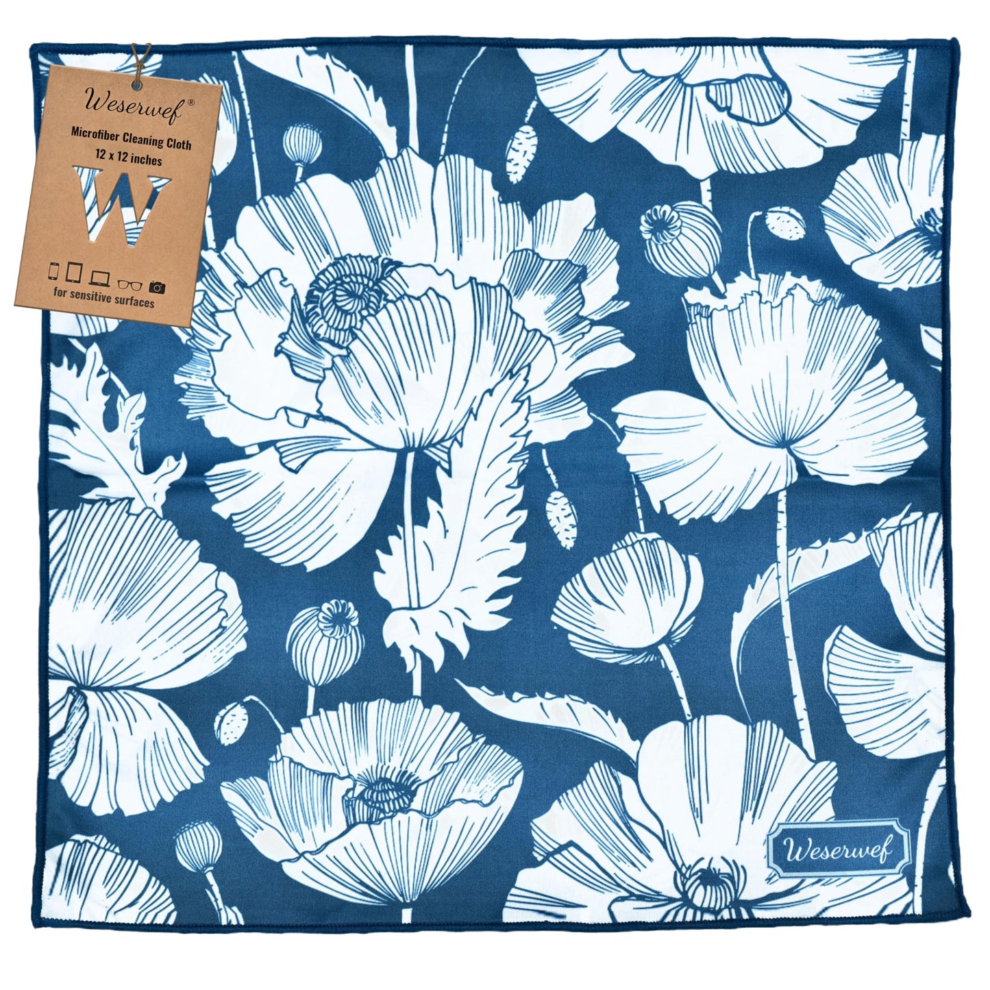 WESERWEF Design Microfiber Glasses Cleaning Cloth – Premium Cleaning Cloth for Eyeglasses, Screens, Tablets, Cameras & Lenses, 12" x 12", Ultra-Soft & Scratch-Free (Blue Poppies)