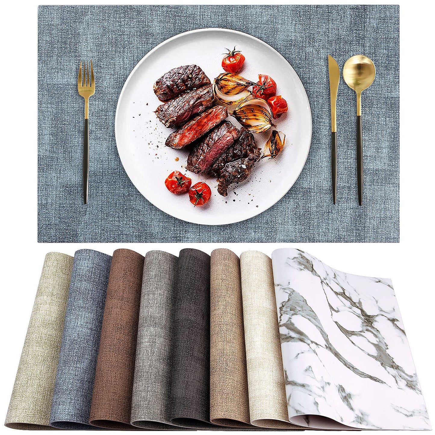 LANDVIEW Leather Heat Resistant Placemats Set of 6 Waterproof Wipeable Washable PU Table Mats,Easy to Clean Anti-Slip (6, Blue)