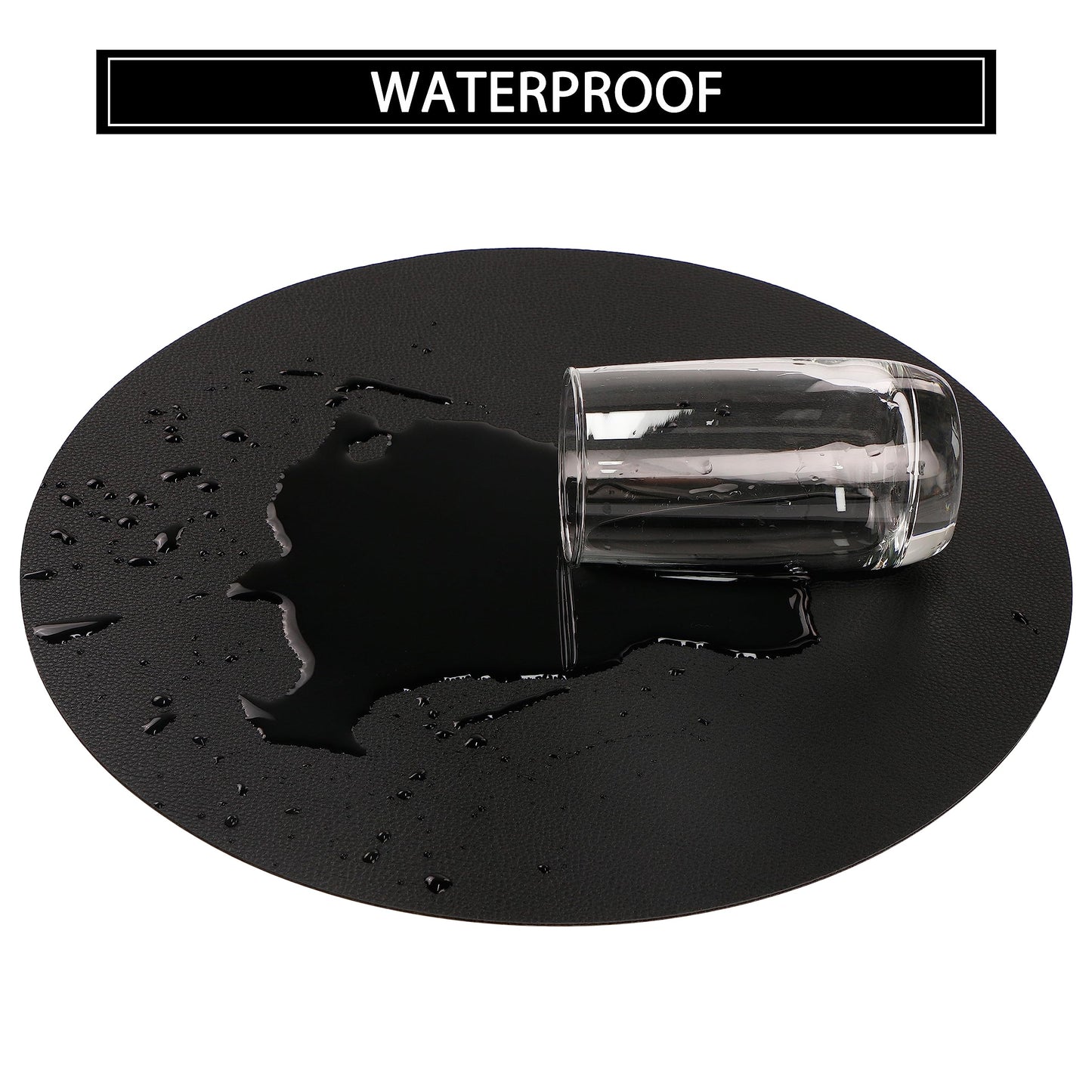 Wipeable Placemats and Coasters Leather Table Mats Waterproof Heat-Resistant Easy to Clean for Dining Table Set Kitchen Table Set of 6, Black