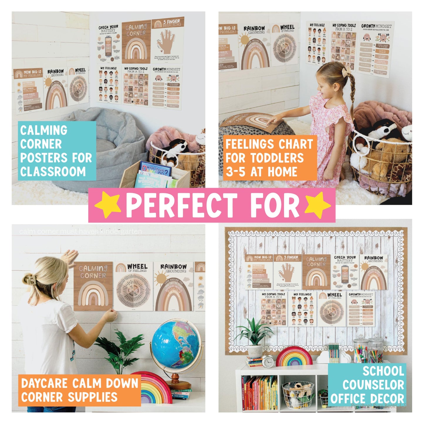 Hadley Designs 9 Calming Corner Posters for Classroom Must Haves - Calm Down Corner Supplies with Emotions Chart, School Counselor Mental Health Poster, Feelings Chart For Kids, Boho Classroom Decor