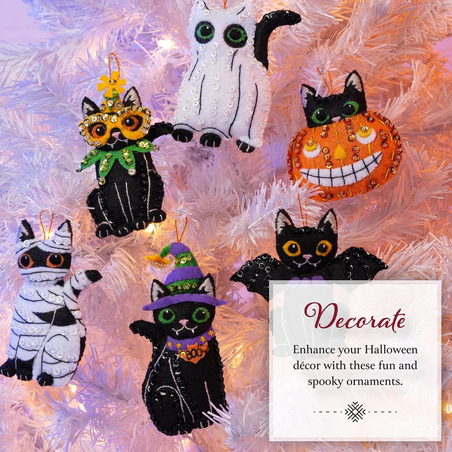 Bucilla Felt Applique 6 Piece Ornament Making Kit, Purrfectly Spooky, Perfect for Halloween Arts and Crafts, 89649E