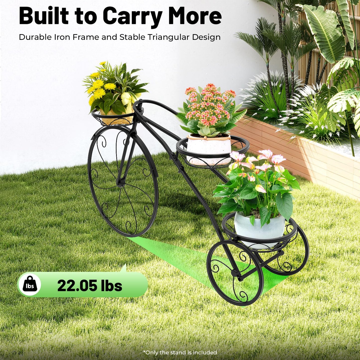 Nwkxnrt Bike Planters for Outdoor Plants 3-Tier Flower Cart Display Stand – Set Includes an Openwork Flower Basket and Casters, Suitable for Decorating Gardens, Patios, and Lawns