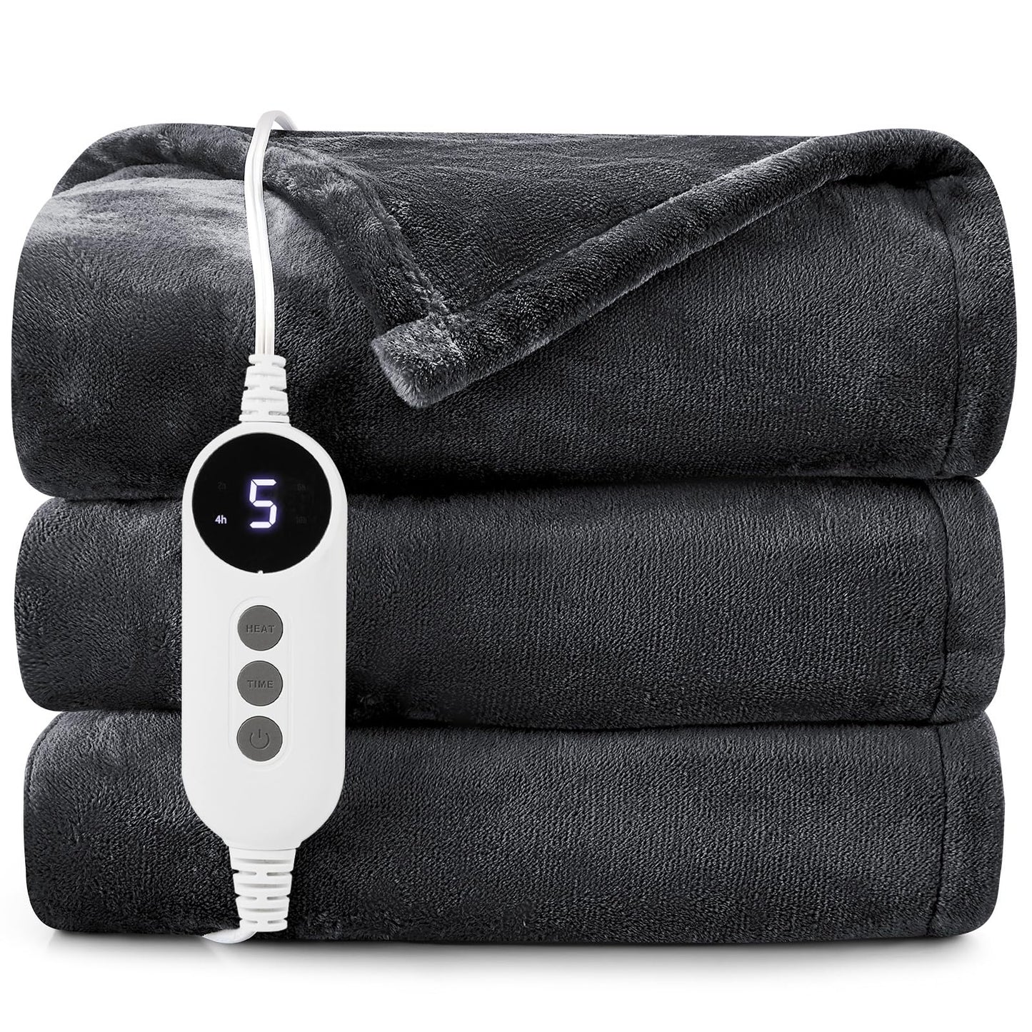 HYLEORY Heated Electric Blanket Throw, 2-Layer Cozy Warm Flannel 50" x 60", Heating Blanket with 9 Heating Levels, 2/4/6/10 Hours Auto Off, Fast Heating Winter Blanket, Dark Grey