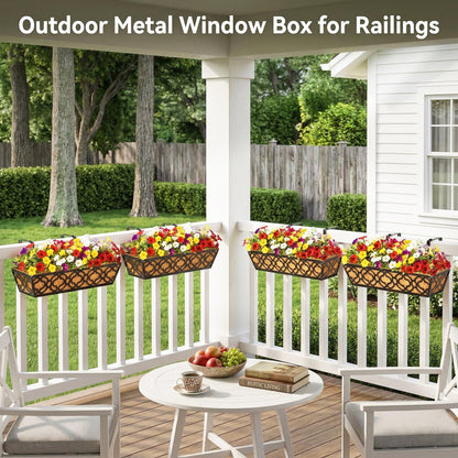 LAWYAMAI 24 Inch Railing Planter Box with Coco Liner, Adjustable Metal Hanging Planter, Window Box for Balcony Deck Fence, Outdoor Flower Box Black, 2 Pack