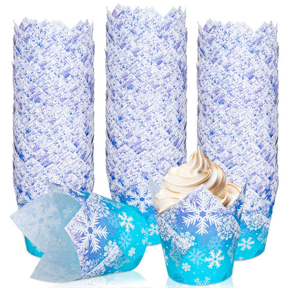 JarThenaAMCS 200Pcs Winter Snowflake Tulip Cupcake Liners Christmas Blue Purple Gradient Muffin Tulip Baking Cups Xmas Bicolor Gradient Snowflake Tulip Cupcake Wrappers for Holiday Party Supplies