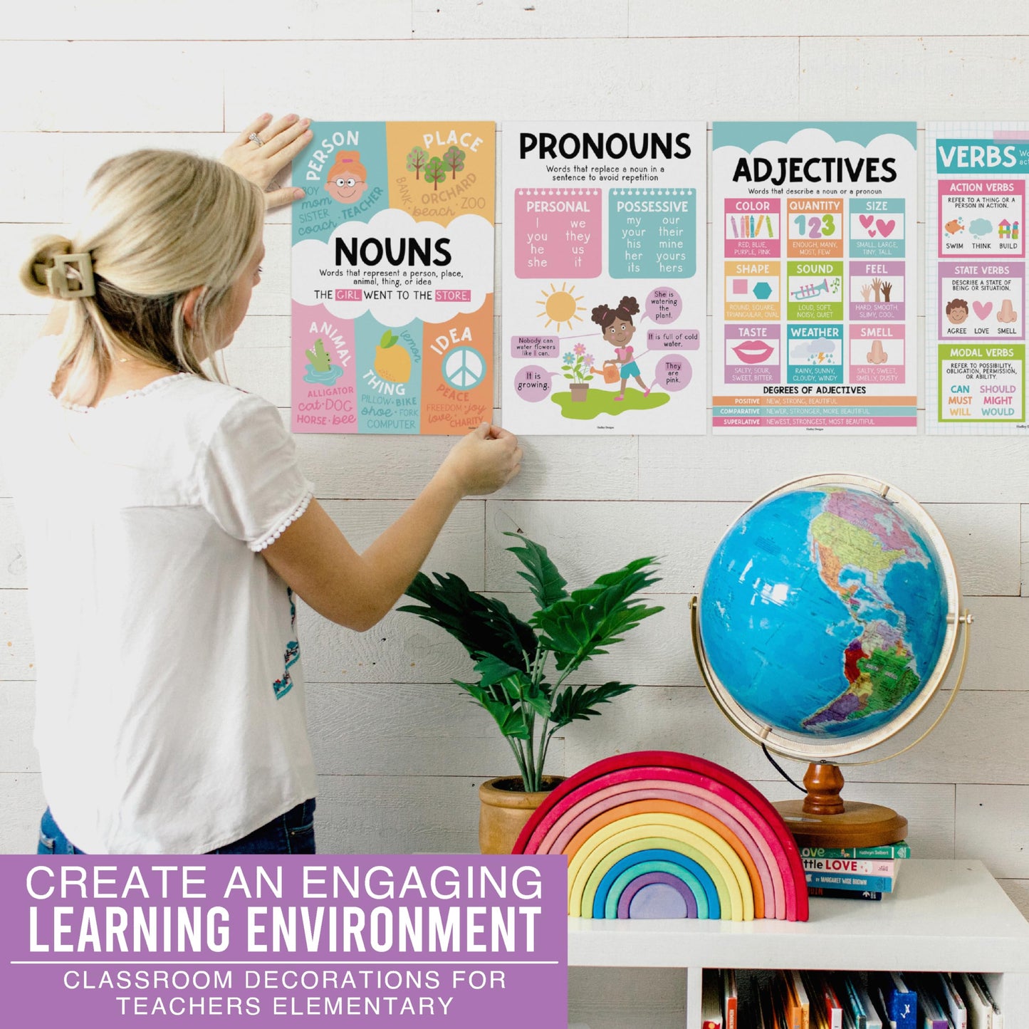 Parts of Speech Posters for Classroom Must Haves - 12 Grammar Posters, Writing Process for Homeschool, Elementary & Middle School, ELA 3rd 4th & 5th Grade Teacher Must Haves, Pastel Classroom Decor
