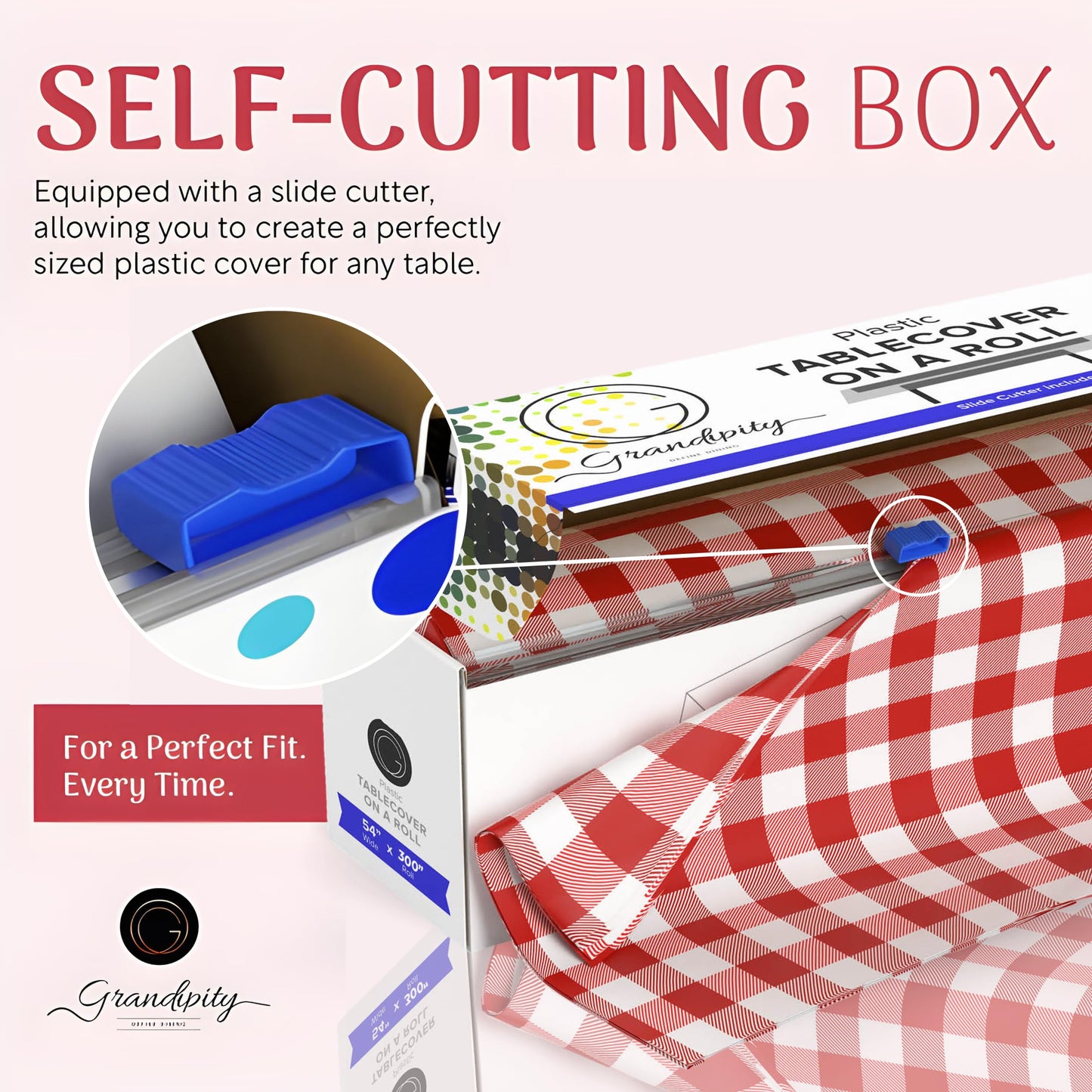 Grandipity Plastic Tablecloth Roll - 54in x 300 Ft. Red Gingham Checkered Plastic Table Cloths for Parties | Disposable with Cutter Box - Cut to Size Disposable Tablecloth for Rectangle & Round