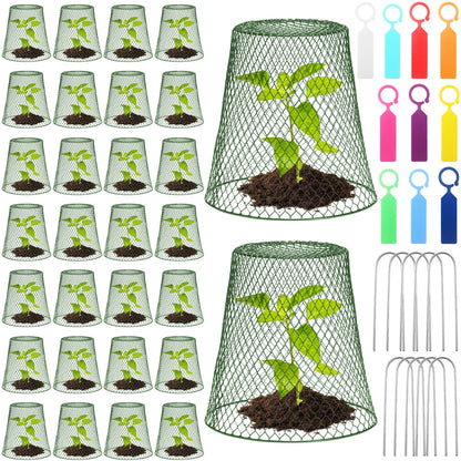Geosar 30 Pcs 9 Inch Chicken Wire Cloche Plant Protector Cover Metal Garden Cloche Netting Protection Cages Vegetables Flowers with Garden Stakes Avoiding Chicken Rabbit Squirrels Birds (Green)