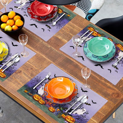 Khope Halloween Placemats Set of 4 Spider Web Pumpkin Purple Rustic Holiday Washable Heat Resistant Rectangle Dinner Mats for Party Kitchen Dining Decoration 12x18 Inch