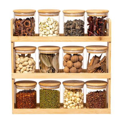 Basicwise Versatile 3-Tier Bamboo Spice Rack and Pantry Organizer with 12 Glass Jars – Perfect for Countertop Storage in Kitchens to Keep Seasoning Containers Neatly Displayed and Easily Accessible