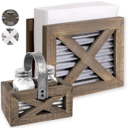 Autumn Alley Farmhouse Napkin Holder and Adorable Farmhouse Salt and Pepper Shakers Set With Wood Holder - Western Kitchen, Galvanized Metal - Upright Rustic Napkin Holder Rustic Kitchen Décor (Brown)
