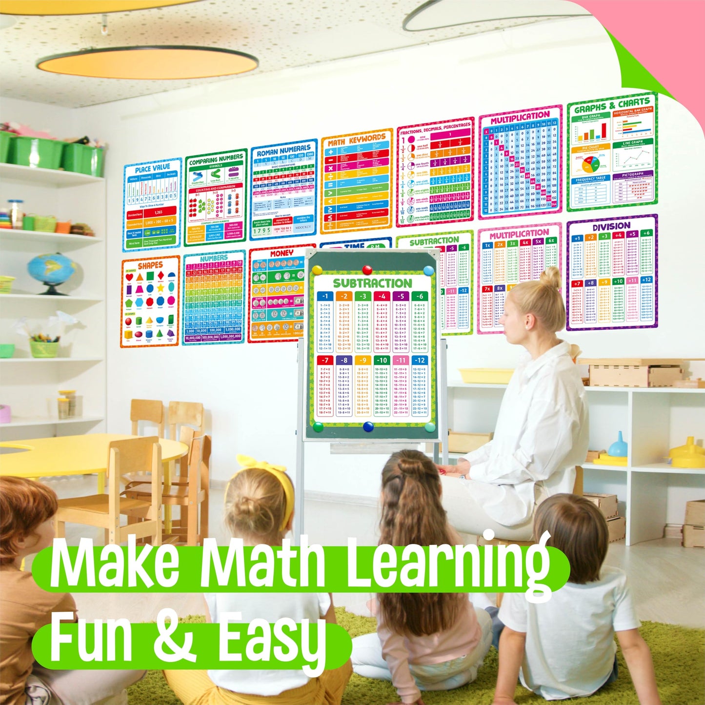 15 Packs Math Posters, Thick Elementary Math Chart Waterproof & Tear Proof with PET Film, Early Learning Poster Multiplication Table Educational Posters for Kindergarten Preschool Toddlers (14.5”x11”)