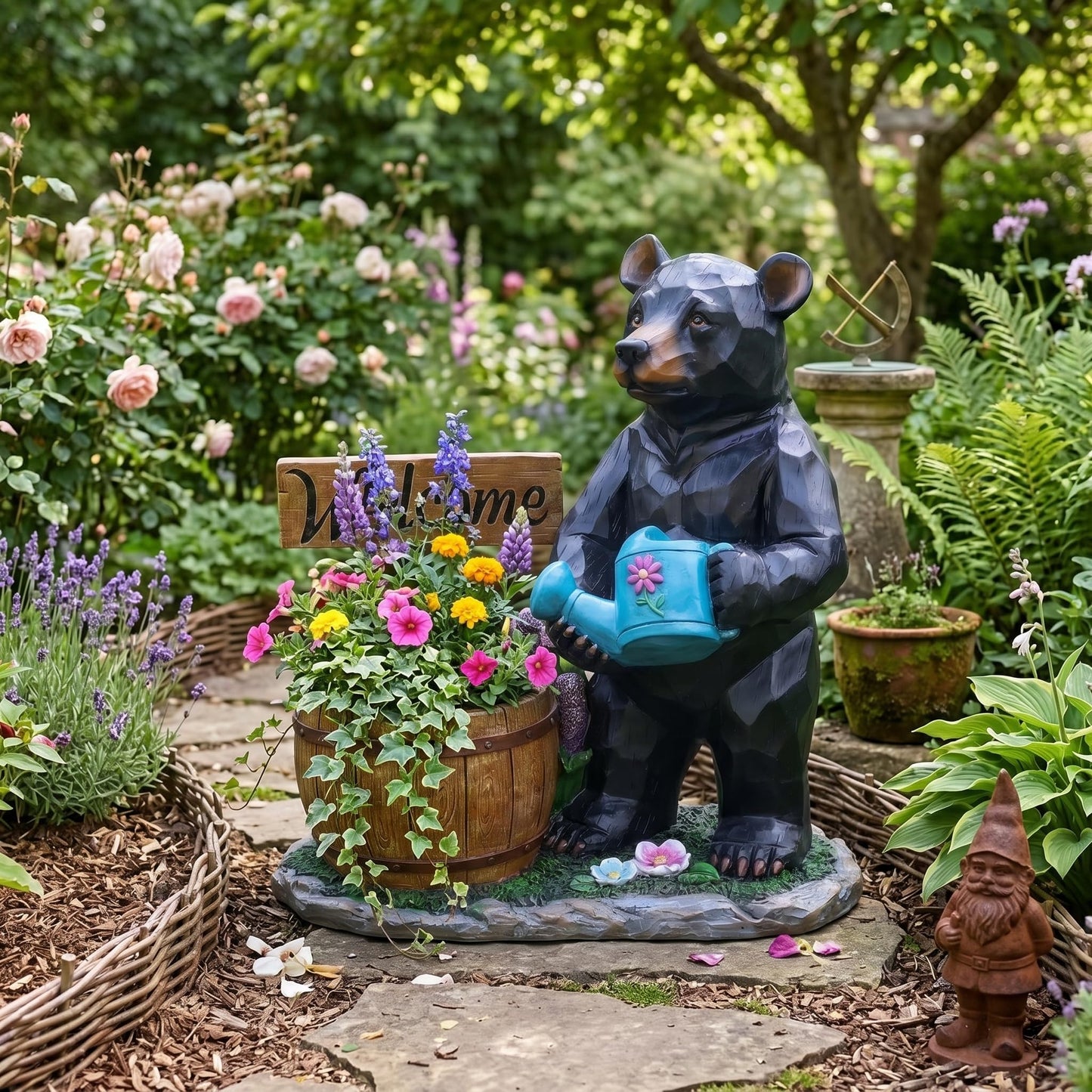 elesculor Black Bear Garden Statue Planter with Welcome Sign & Watering Can, Resin Outdoor Flower Pot, Decorative Animal Planter for Patio, Yard, Lawn, Cabin Decor