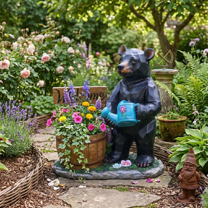 elesculor Black Bear Garden Statue Planter with Welcome Sign & Watering Can, Resin Outdoor Flower Pot, Decorative Animal Planter for Patio, Yard, Lawn, Cabin Decor