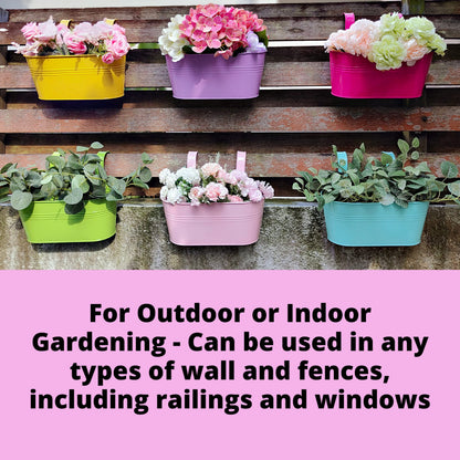 LaLaGreen Bundle - 4 Pack, 11.8 Inch Black + 6 Pack, 11.2 Inch Multicolor Rounded Metal Iron Hanging Flower Pot Wall Mount Modern Window Bucket Box Porch Deck Railing Fence Outdoor Garden Plant Holder