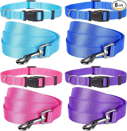 Weewooday 8 Pieces Dog Collar and Leash Set Nylon Adjustable Dog Collars and Leash Personalized Puppy Supplies for Small Medium Large Pet Walking Training, 4 Colors