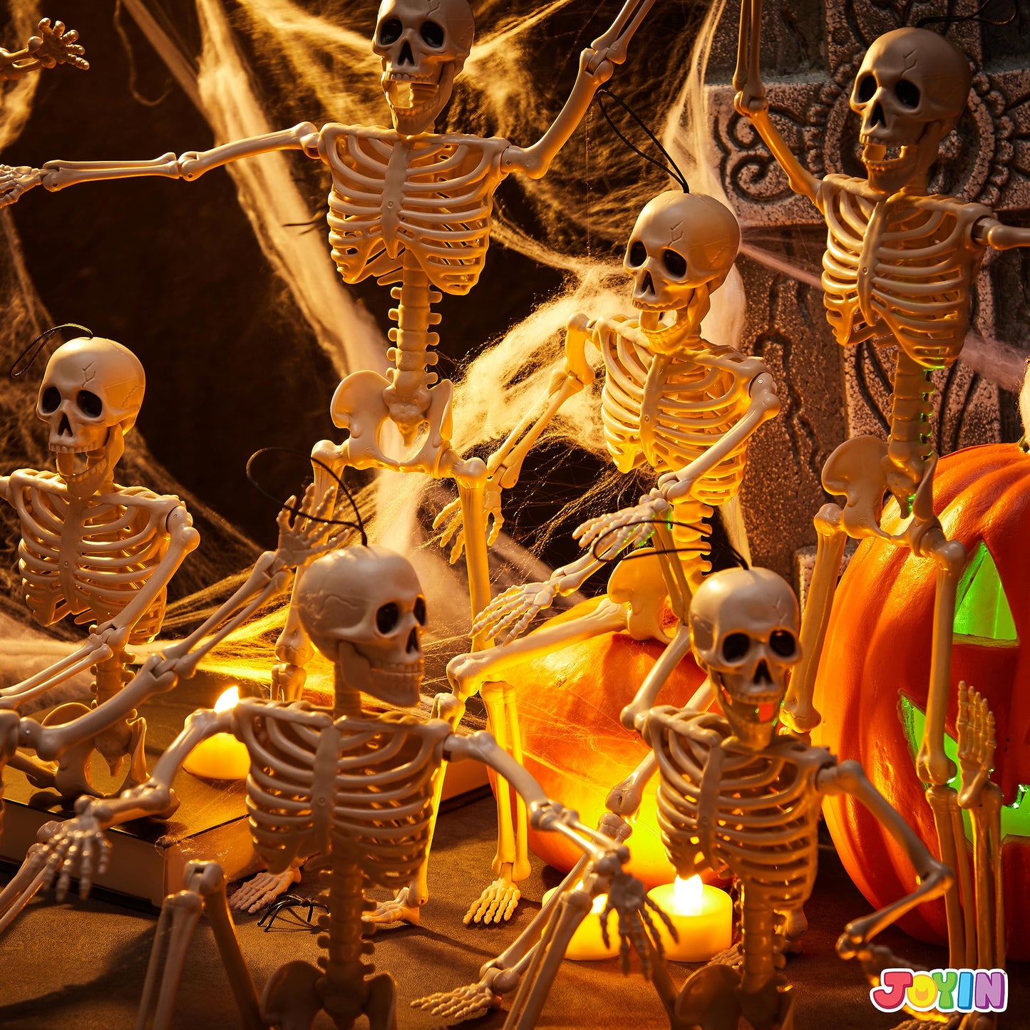 JOYIN 10 PCS 16" Halloween Skeleton Decor, Full Body Stayable Movable Joints, Posable Hanging Skeletons for Halloween Decoration, Yard, Graveyard, Haunted House Props, Spooky Scene Party Favor