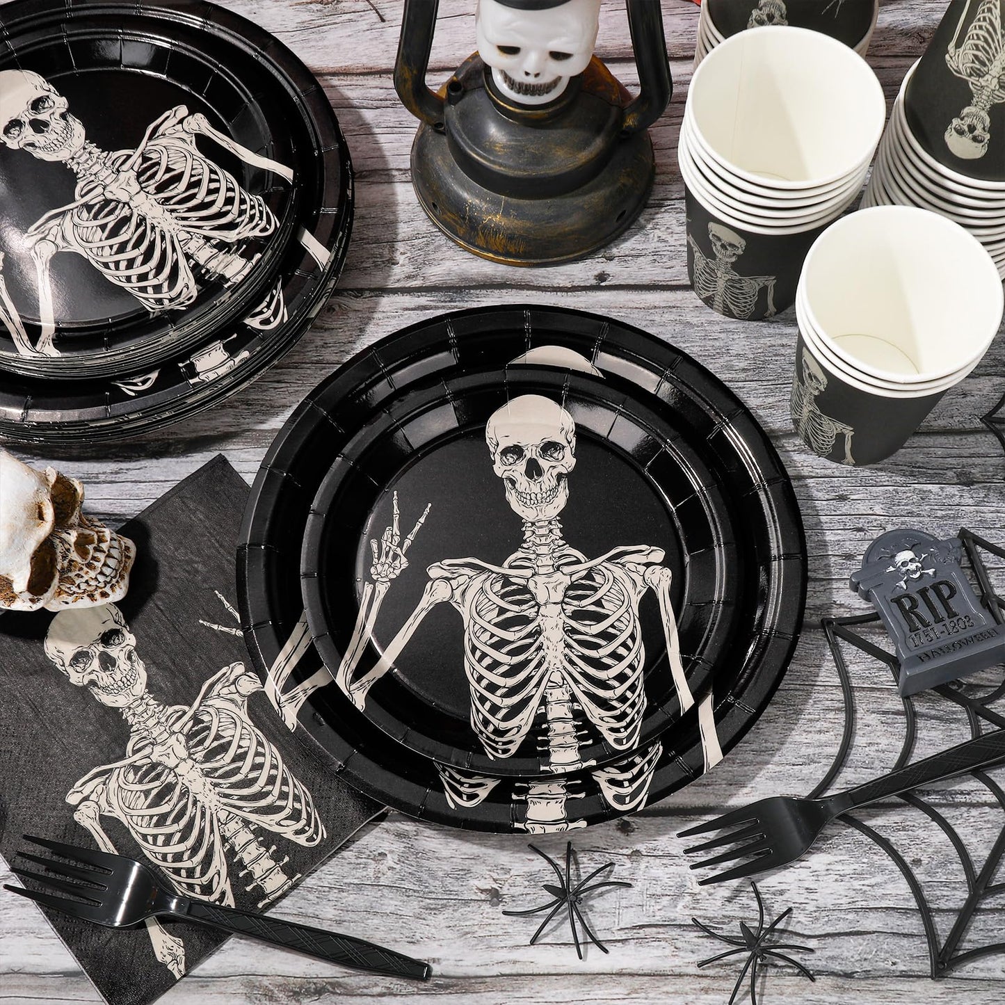 JarThenaAMCS Halloween Tableware Set Smiling Skeleton Disposable Party Supplies Black 9 &7 Inch Paper Plates 6.5 Inch Napkins Cups and Cutlery for 25 Guests