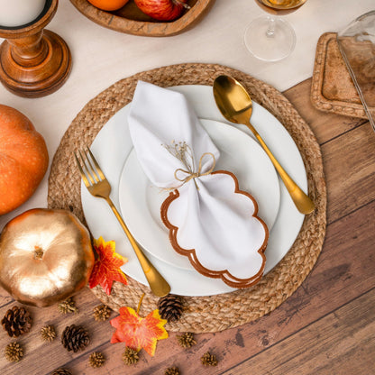 Blue Needles Scalloped Embroidery Cloth Napkins - 100% Cotton Set of 4 White Cloth Napkins with Scallop Design, 17 X 17 Inch Soft, Reusable, Washable Spring Summer Easter Table Decor - Edges - Rust