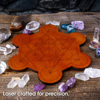 Curawood Crystal Grid Board for Stones - 10" Diameter Metatron's Cube Sacred Geometry Board - Amplify the Power of Your Crystals - Chakra Grid Plate, Altar Decor - Cubo de Metatron