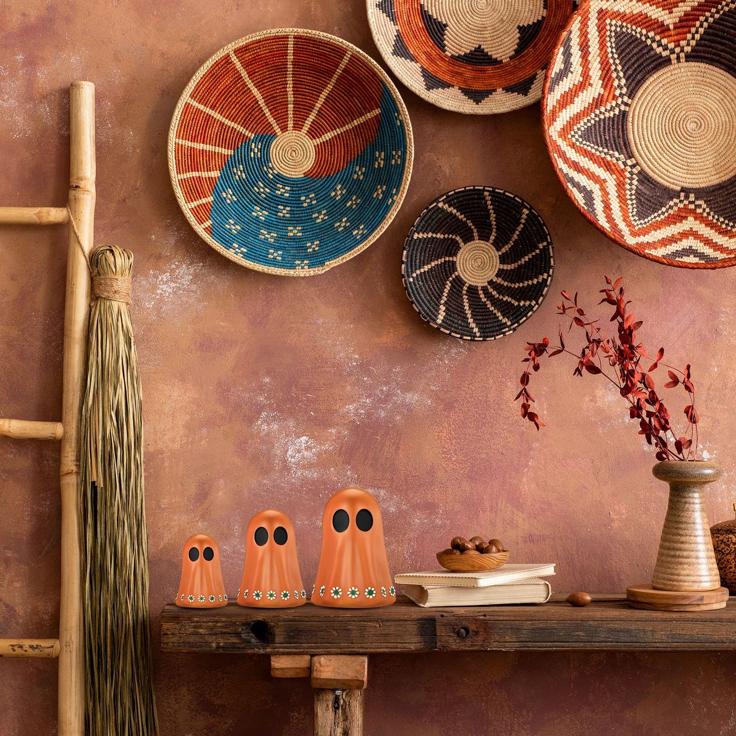 Tellingyou 3 Pcs Day of The Dead Resin Mexican Ghost Figurines Dia De Los Muertos Ghost Statue Terracotta Floral Tiered Tray Decor Table Centerpiece Halloween Home Desk Shelf Mantel Decoration Gifts