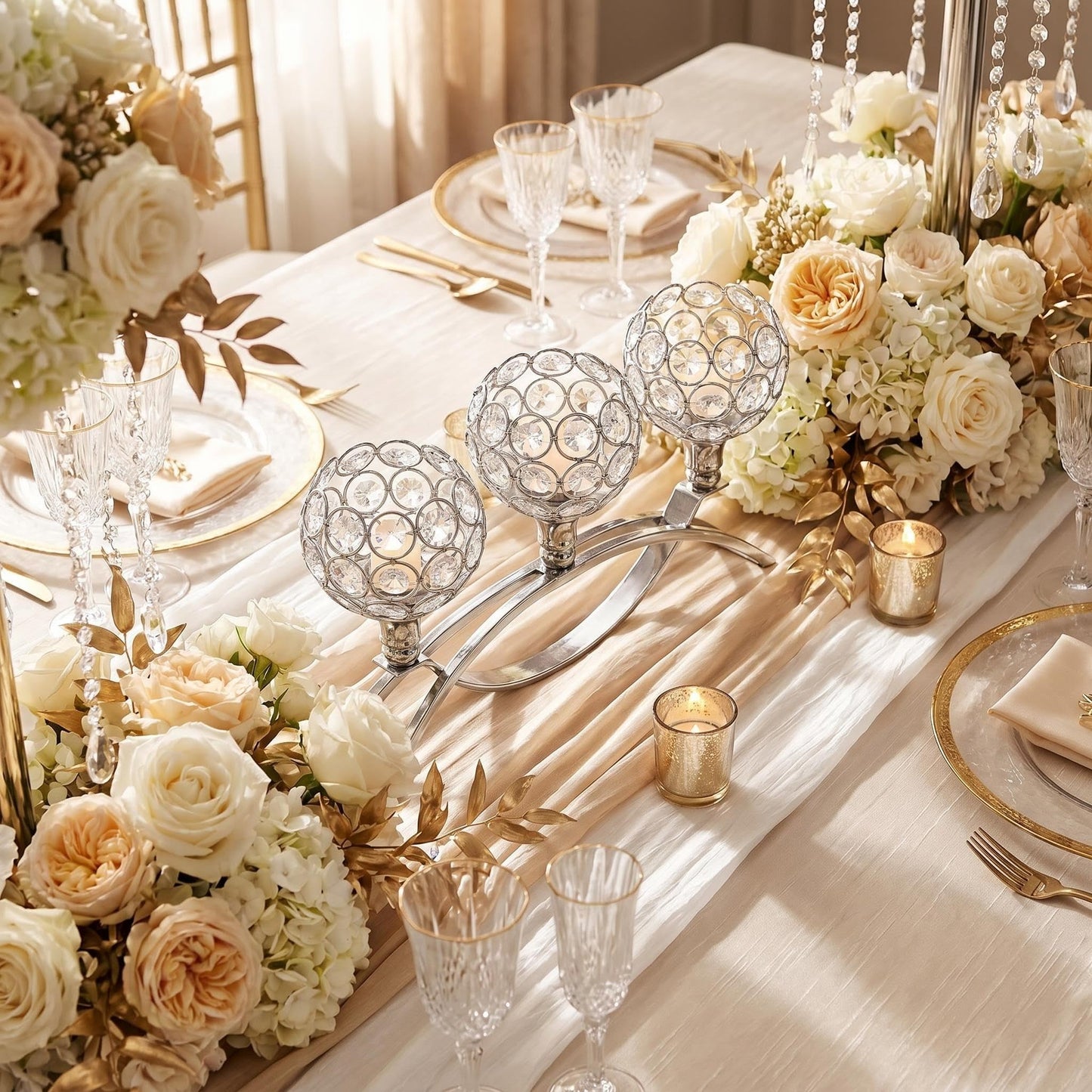 3-Arm Arched Crystal Candelabra, Sliver Candle Holder Table Centerpiece for Wedding, Home Decor, Dining, Party, Thanksgiving & Christmas Decoration(2PCS)