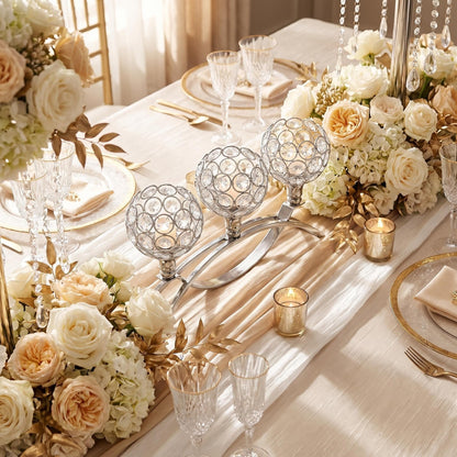 3-Arm Arched Crystal Candelabra, Sliver Candle Holder Table Centerpiece for Wedding, Home Decor, Dining, Party, Thanksgiving & Christmas Decoration(2PCS)