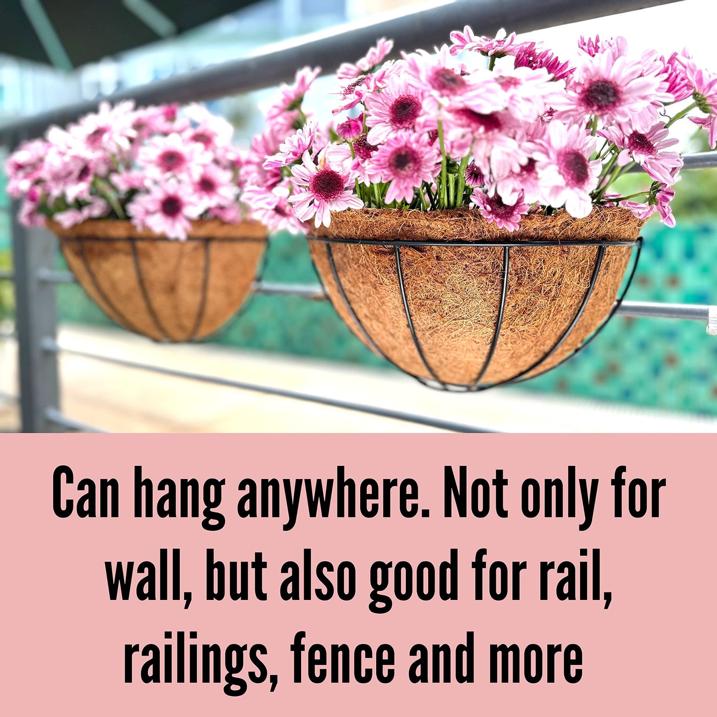 LaLaGreen Wall Hanging Planters, 2 Pack, 12 Inch Wall Mounted Flower Baskets with Coco Liner, Metal Iron Wire Plant Holder for Outdoor Window Box Herb Outside Fence Railing Deck Porch Balcony Garden