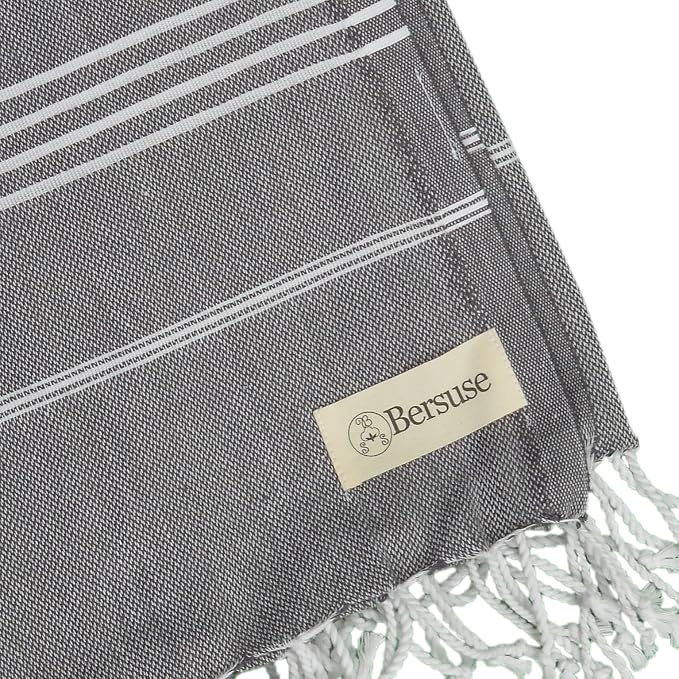 Bersuse Towels Anatolia XL Beach Blanket Throw Blanket Turkish Towel 100% Cotton Extra-Large Quick-Dry Lightweight Premium Peshtemal Towel - 61x82 Inches, Anthracite (Set of 3)