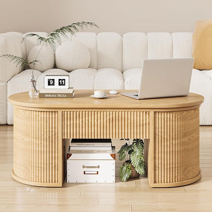 Fluted Lift Top Coffee Table with Storage, Oval Living Room Center Table with Hidden Compartment, Modern Mid-Century Wood Coffee Table for Small Spaces, Home Office, Natural