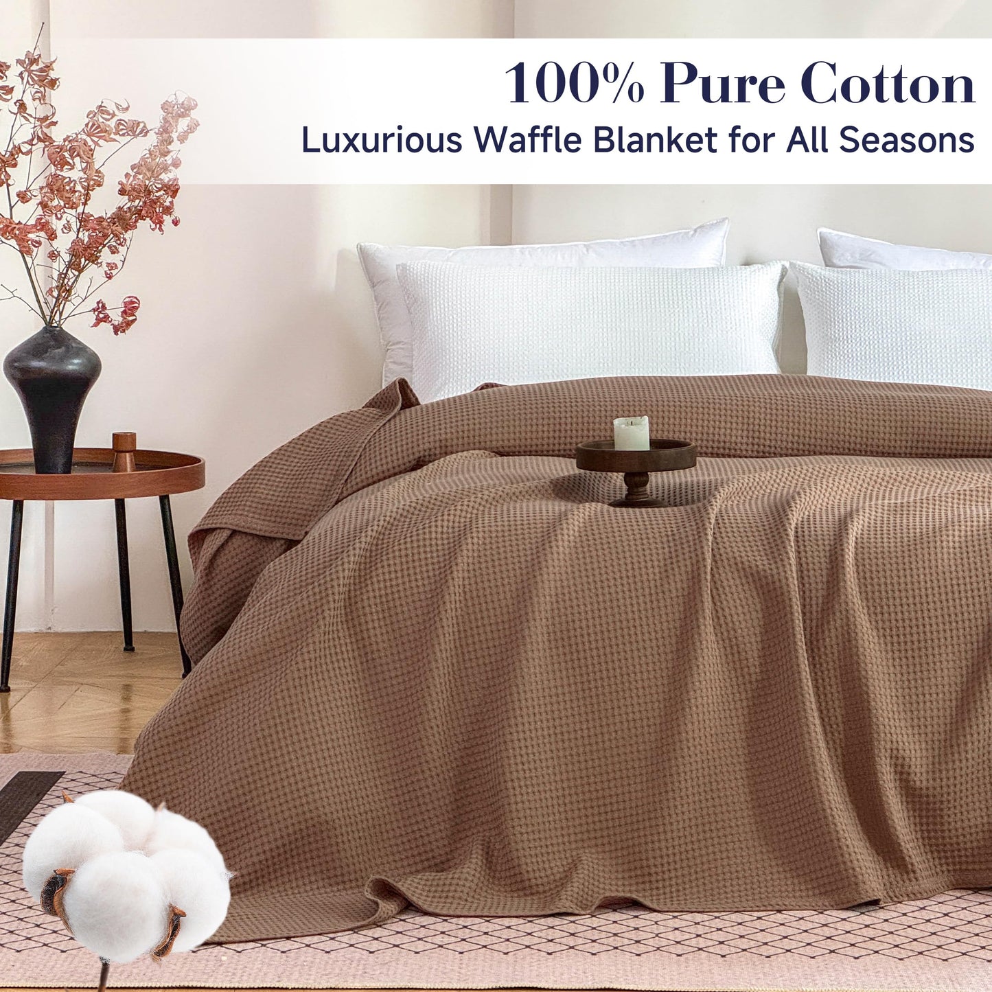 Simple&Opulence 100% Cotton Waffle Weave Throw Blanket 40"x50", Soft Lightweight Breathable Cozy Washed, Layer Blanket for Couch Bed Sofa, Farmhouse Home Decor for Adults All-Season, Light Brown