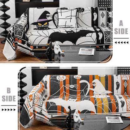 EVENHUG Halloween Theme Sofa Covers with Tassels Reversible Couch Cover for Pets Dogs Halloween Home Decoration Sofa Slipcover for 2-3 Cushion Couch Washable Chenille Couch Protector (71" X102")