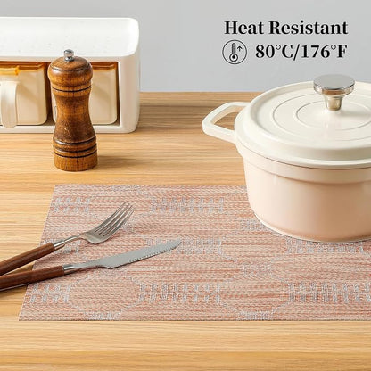 Leetaltree Coral Placemats Set of 6 - Heat Resistant Non-Slip Place mats for Dining Table, Washable Durable PVC Vinyl Woven Table Mats（Coral, 6）