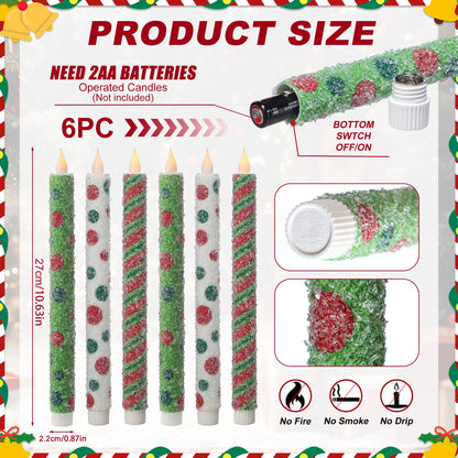 Christmas Elf Flameless Taper Candles - 6PCS Glitter Christmas Green Elf Theme Flickering LED Battery Operated Sea Salt Candles with Remote, Real Wax Party Decoration Candlesticks, Xmas Table Decor