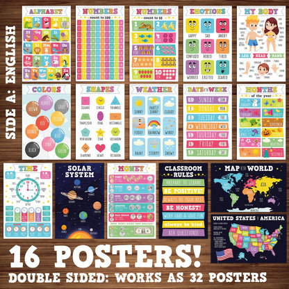 16 Laminated Educational Writing Posters for Kids (English & Spanish) - Double-Sided Learning Charts, 32 Total Designs, Classroom & Homeschool Supplies