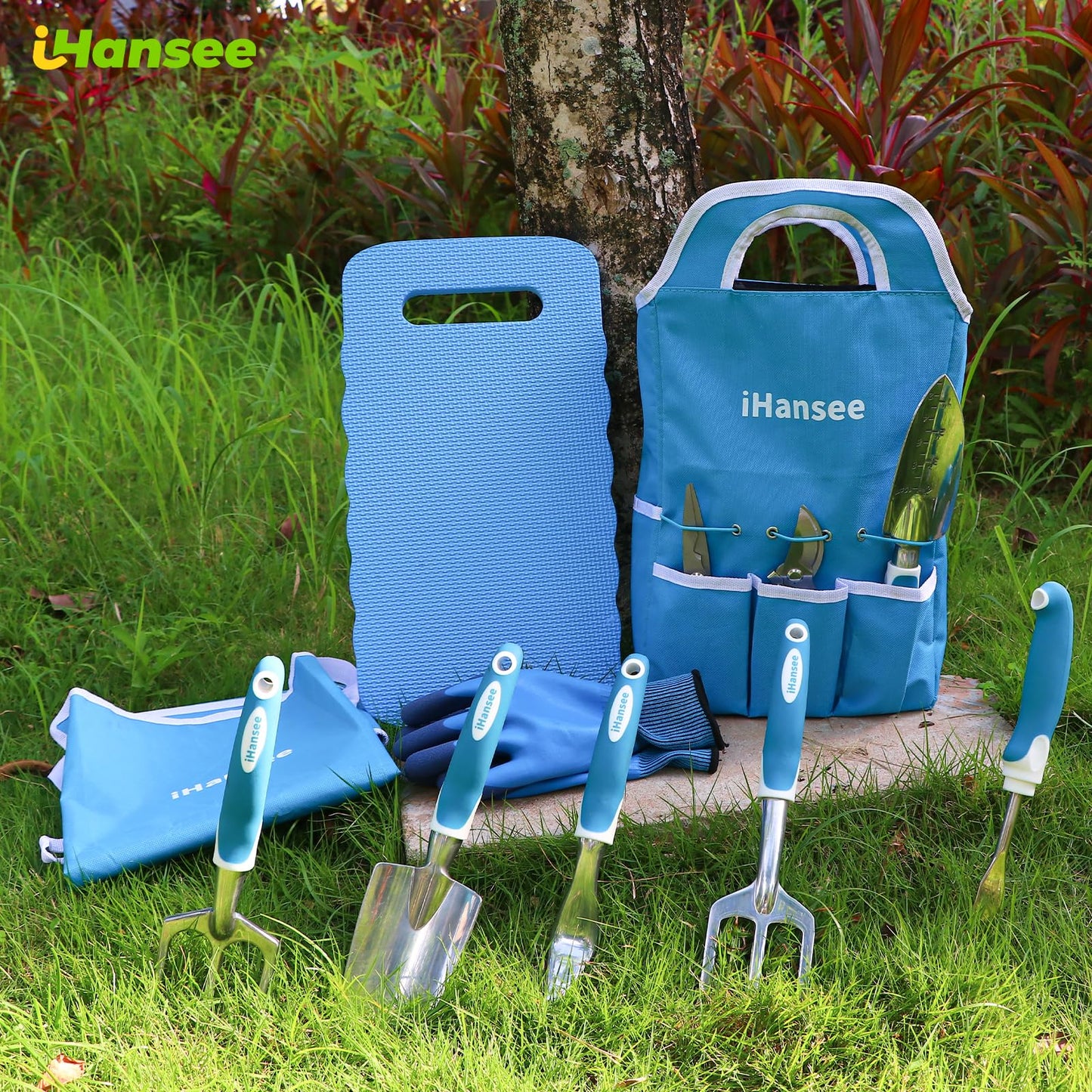 Blue Garden Tool Sets 12-Piece, Aluminum Gardening Hand Tools w/Ergonomic Handle, Garden Supplies Organizer Handbag, Kneeling Pad, Apron and Gloves, Gift for Women, Garden Starter Kit for Women