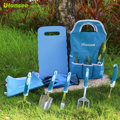 Blue Garden Tool Sets 12-Piece, Aluminum Gardening Hand Tools w/Ergonomic Handle, Garden Supplies Organizer Handbag, Kneeling Pad, Apron and Gloves, Gift for Women, Garden Starter Kit for Women
