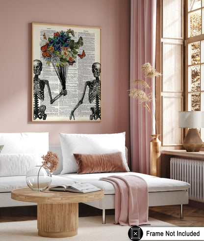 Poster Master Skeleton Couple Print - Flower & Butterfly Poster - Dictionary Art - Romantic Valentine's Day Gift for Him, Her, Lovers - Decor for Living Room, Bedroom - 8x10 UNFRAMED Wall Art