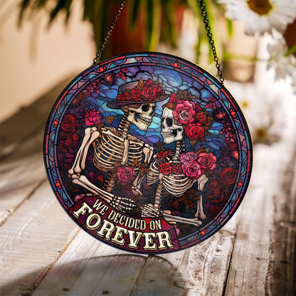 FIVITY FIVITY Stained Glass Window Hanging 7.8'' Skeleton Couple Suncatcher We Decided On Forever Stained Glass Ornament Suncatchers with Hanging Chain for Wife Husband Wedding for Hi