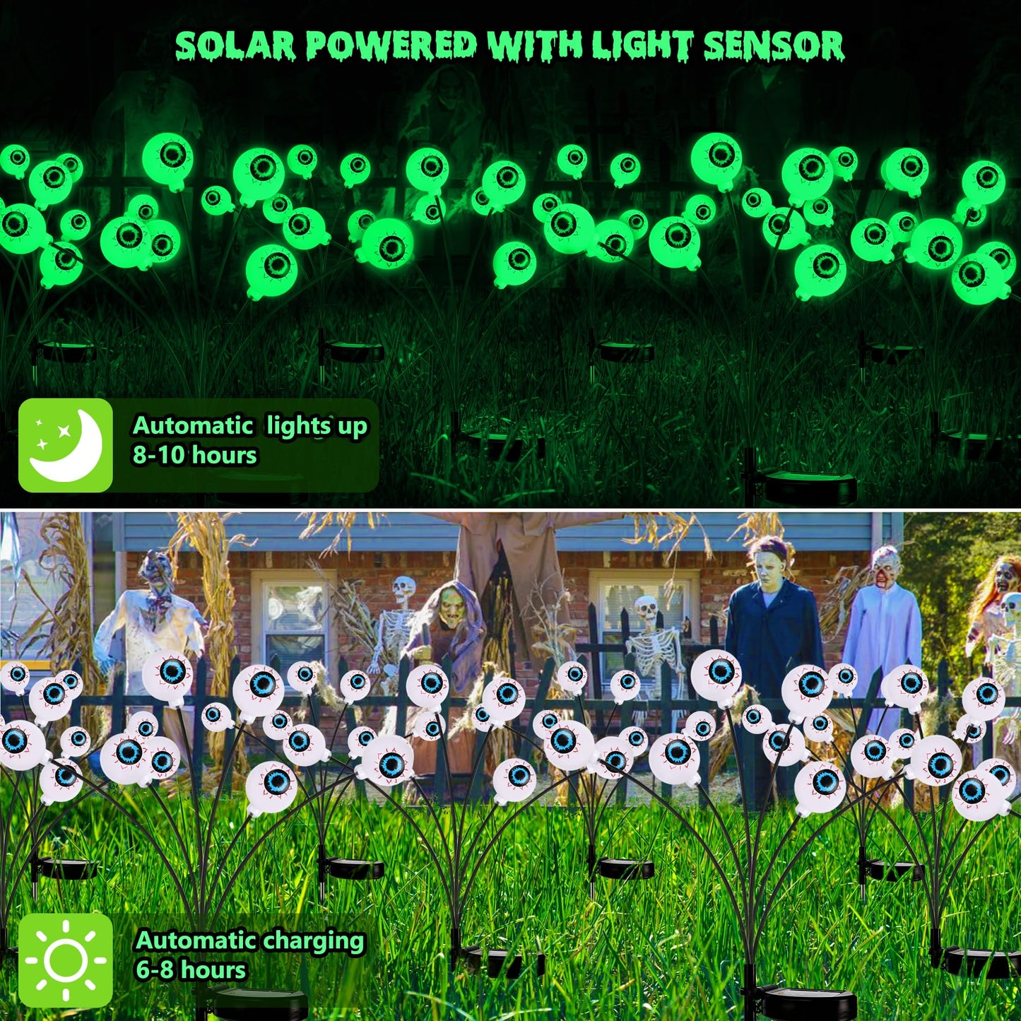 BrizLabs Solar Halloween Lights, 2 Pack 12 LED 2 Modes Halloween Eyeball Lights, Outdoor Pathway Light, Swaying Eye Firefly Walkway Lighting, Green Solar Lighting for Path Yard Garden Lawn
