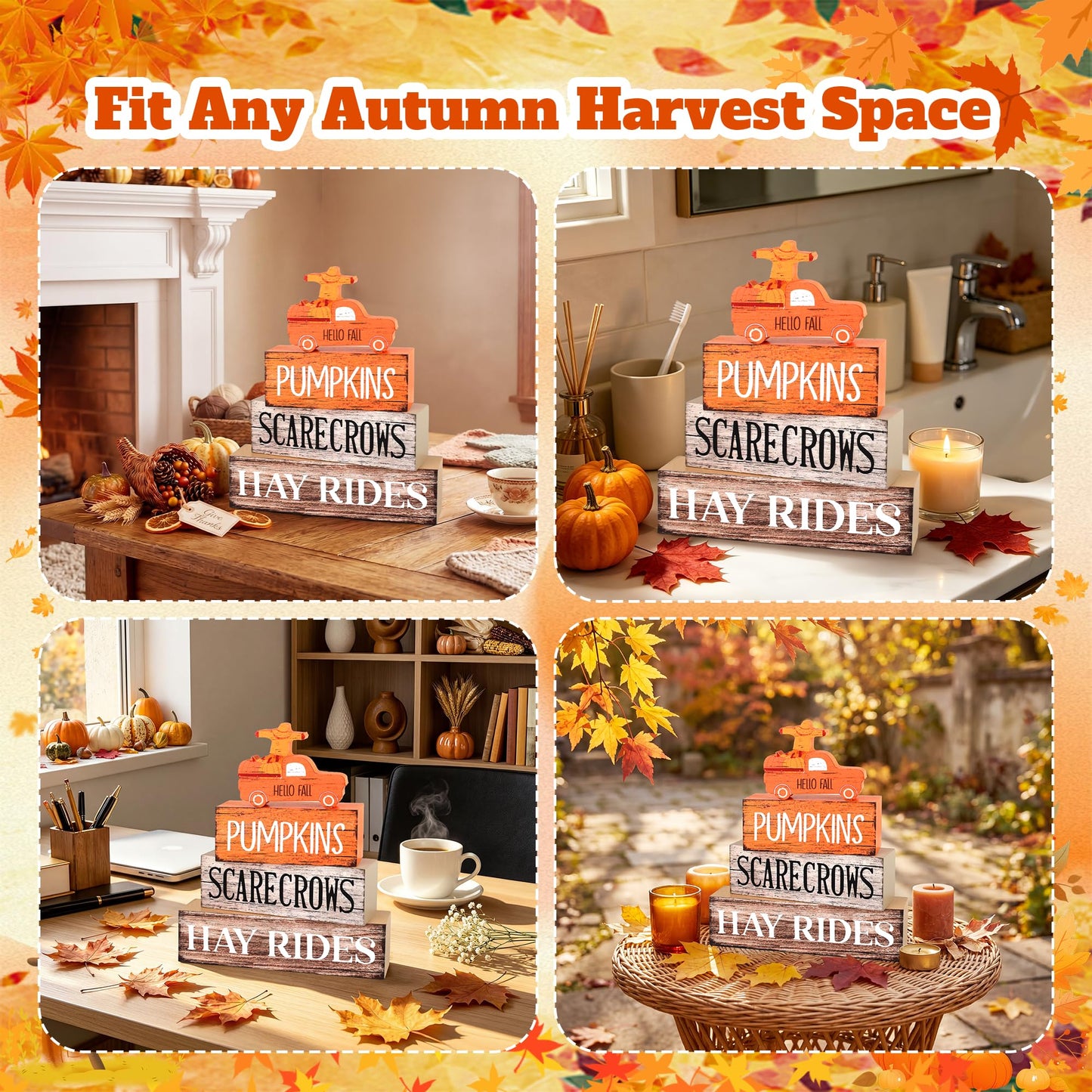 4 Pcs Fall Decor Wooden Tiered Tray Decor, Pumpkins Car Autumn Decorations Gifts for Home, Thanksgiving Table Centerpiece for Autumn Harvest Party Kitchen