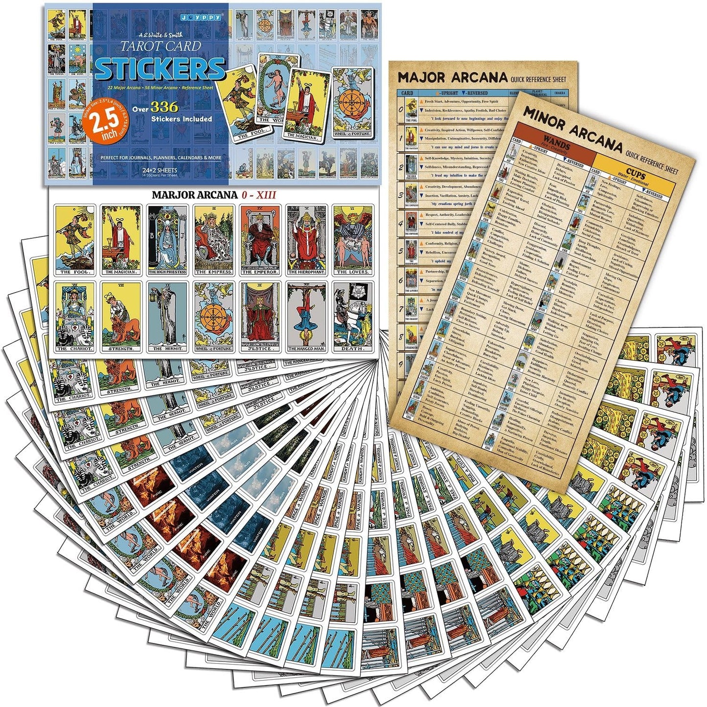 Joyppy 336 Pcs Tarot Stickers - 2.5" x 1.4" (6.3 cm x 3.6 cm) - 4 Sets RWS Full Deck Tarot Card Stickers for Tarot Journal & Planner - Tarot Cheat Sheets Included for Quick Learning & Spreads…