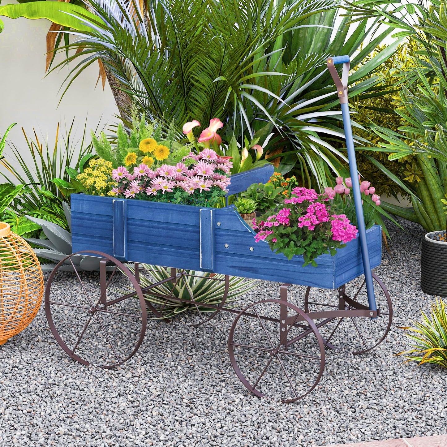 HAPPYGRILL Wooden Wagon Planter, 24.5” x 13.5” x 24” Decorative Garden Planter w/ 2 Planting Sections, Wheels, Handle, Small Decorated Cart, Flower Planter Box for Indoor Outdoor Festival Patio (Blue)